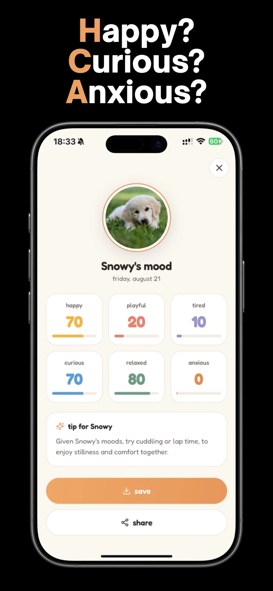 Happy? Curious? Anxious?: Snowy's mood scored happy 70, playful 20, tired 10, curious 70, relaxed 80, anxious 0, with a tip
